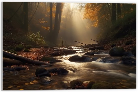 PVC Schuimplaat - Bossen - Water - Stenen - Takken - Bladeren - Boomstronk - Bomen - 60x40 cm Foto op PVC Schuimplaat (Met Ophangsysteem)