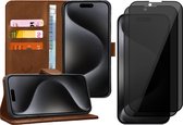 Hoesje geschikt voor iPhone 15 Pro Max - 2x Privacy Screen Protector FullGuard - Book Case Leer Pasjeshouder Bruin & Screenprotector