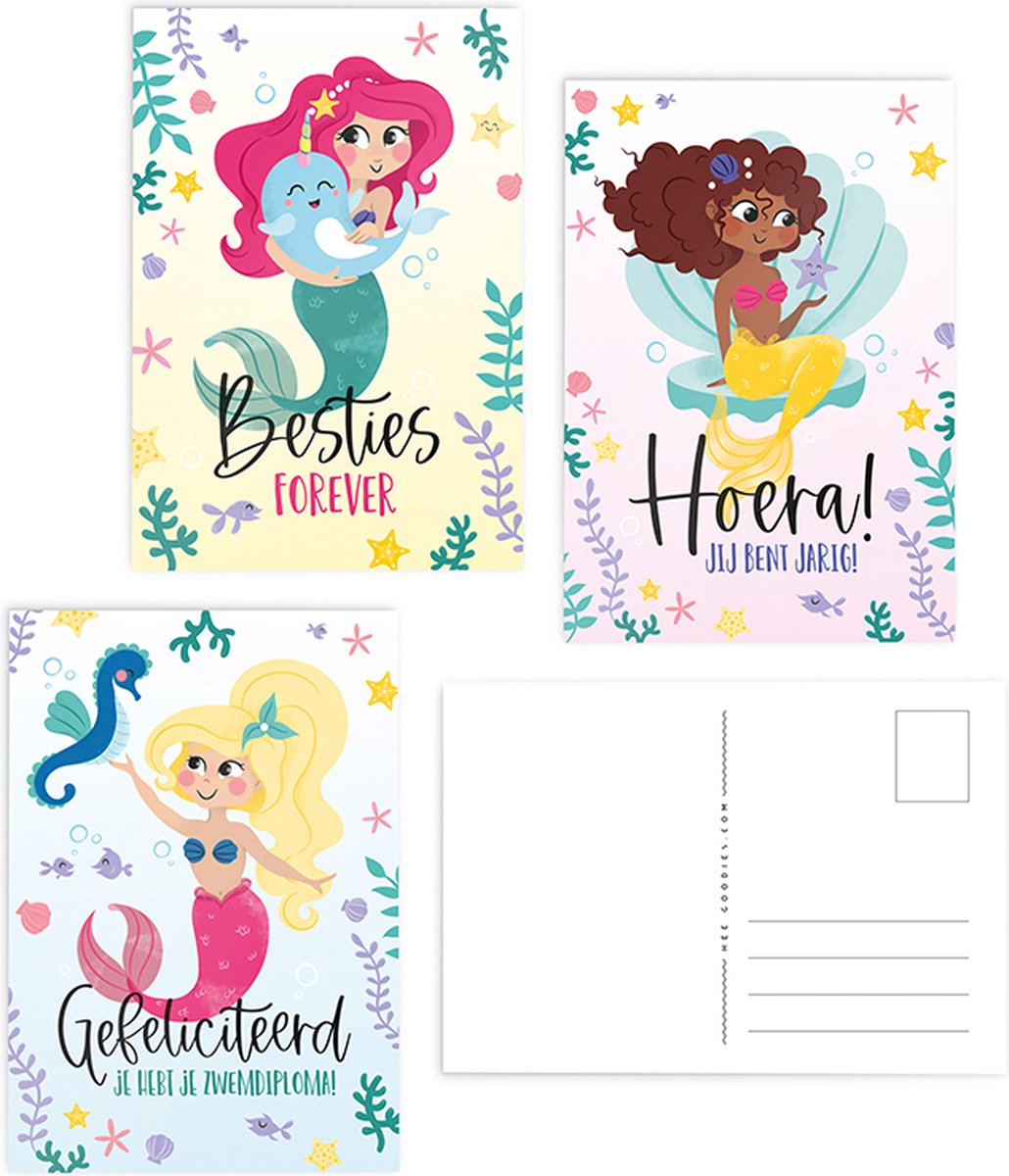 Wenskaarten set 3 stuks zeemeermin kaarten felicitatie zwemdiploma verjaardag en vriendschap met envelop kaartjes