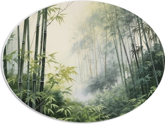 PVC Schuimplaat Ovaal - Bomen - Takken - Bladeren - Bamboe - Groen - 56x42 cm Foto op Ovaal (Met Ophangsysteem)