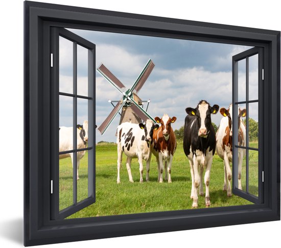 Poster in lijst - Fotolijst 80x60 cm - Posters - Doorkijk - Koe - Molen - Koeien - Weiland - Gras - Groen - Posterlijst zwart - Decoratie - Wanddecoratie woonkamer - Muurdecoratie slaapkamer