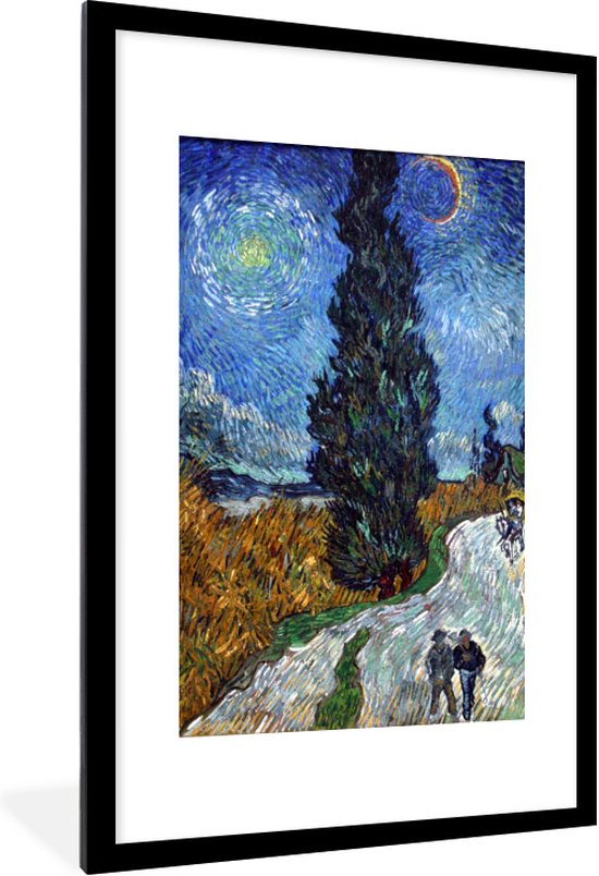 Fotolijst incl. Poster - Weg met cipres en ster - Vincent van Gogh - 80x120 cm - Posterlijst