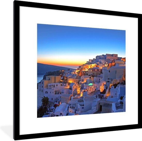 Fotolijst incl. Poster - Oia Santorini met kleurrijke zonsondergang in Griekenland - 40x40 cm - Posterlijst