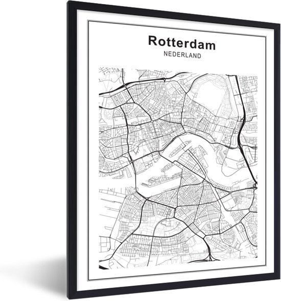 Fotolijst incl. Poster Zwart Wit- Stadskaart - Rotterdam - Zwart Wit - 60x80 cm - Posterlijst - Plattegrond