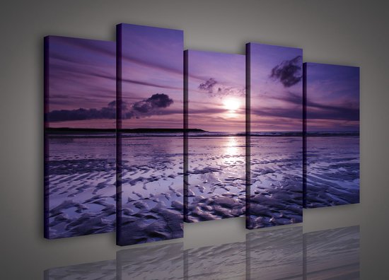 Canvas Schilderij - Zonsondergang - Strand - Wolken - Zon - Zee - Inclusief Frame - 150x100cm (lxb) - 5 Luiks - Paars