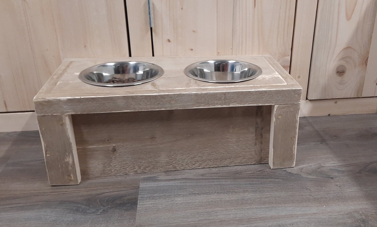 Houten honden voerbak en drinkbak “Vito” - gebruikt steigerhout - voor de hond