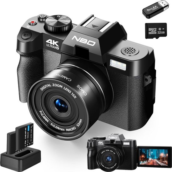 NBD - Appareil photo numérique 48MP 4K pour photos - Appareil de vlogging avec écran inclinable à 180° - Zoom 16x - Autofocus - Carte TF 32 Go et 2 piles incluses - Idéal pour les débutants