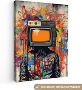 Canvas schilderij 60x80 cm - Wanddecoratie Televisie - Graffiti - Mens - Kleuren - Muurdecoratie woonkamer - Slaapkamer decoratie - Kamer accessoires - Schilderijen