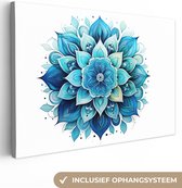 Canvas Schilderij Mandala - Blauw - Wit - Bloemen - 90x60 cm - Wanddecoratie