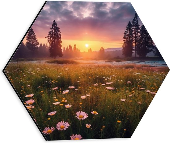 Dibond Hexagon - Zonsondergang bij Roze Bloemenveld - 30x26.1 cm Foto op Hexagon (Met Ophangsysteem)