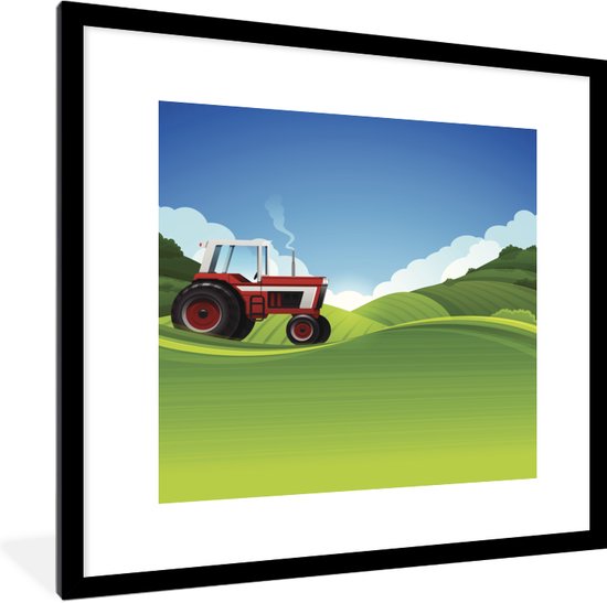 Photo en cadre - Une illustration d'un tracteur dans un cadre photo paysage vert noir avec passe-partout blanc 40x40 cm - Affiche sous cadre (Décoration murale salon / chambre)