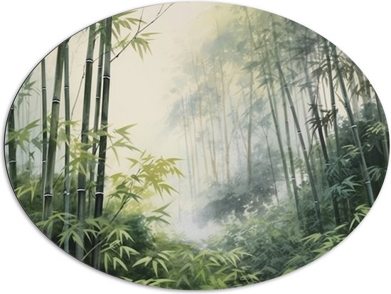 Dibond Ovaal - Bomen - Takken - Bladeren - Bamboe - Groen - 108x81 cm Foto op Ovaal (Met Ophangsysteem)