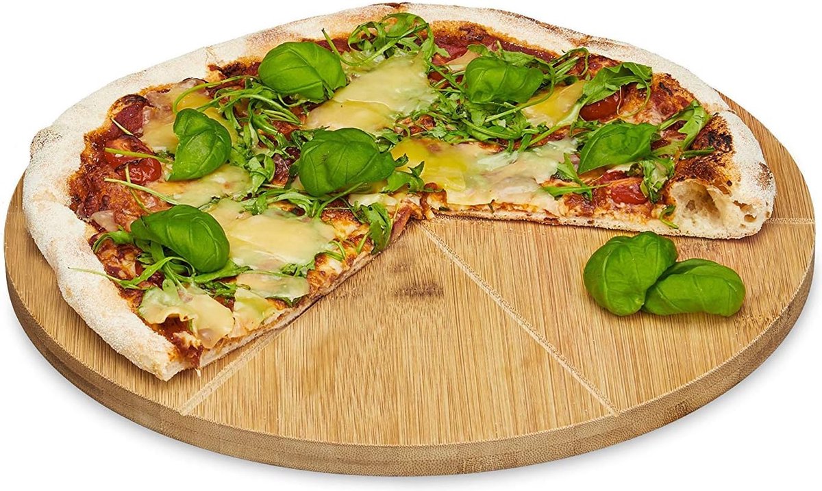 Relaxdays Pizzabord van bamboe, diameter 33 cm, snijplank van hout, snijbestendig pizzabrett met 6-voudige indeling voor gelijkmatig grote stukken, houten bord voor pizza, natuur