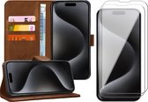 Hoesje geschikt voor iPhone 15 Pro - 2x Screen Protector GlassGuard - Book Case Leer Pasjeshouder Bruin & Screenprotector