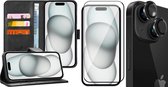 Coque pour iPhone 15 - Protecteur d'écran FullGuard et protecteur d'écran pour objectif d'appareil photo Zwart - Étui livre en Cuir avec porte-cartes Zwart