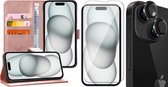 Hoesje geschikt voor iPhone 15 - Screenprotector GlassGuard & Camera Lens Screen Protector Zwart - Book Case Leer Pasjeshouder Rosegoud
