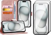 Hoesje geschikt voor iPhone 15 Plus - 2x Screen Protector FullGuard - Book Case Leer Pasjeshouder Rosegoud & Screenprotector