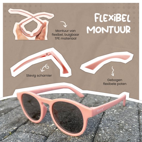 Lunettes de soleil roses et flexibles pour enfants avec verres foncés. Montre une charnière solide et des branches courbées.