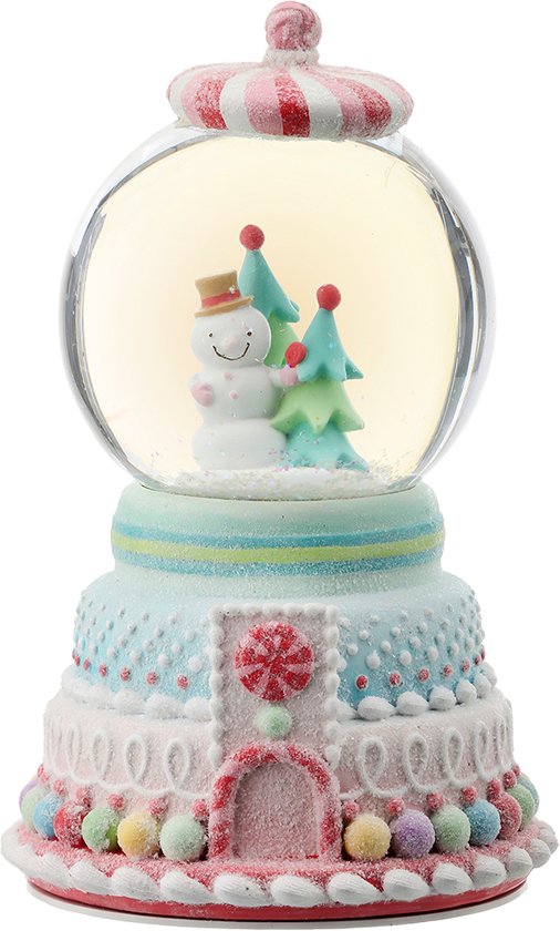 Viv! Christmas Kerst Sneeuwbol incl. Muziekdoos - Sneeuwpop in Snoepautomaat - pastel - roze blauw - 25cm Resin / Pastel Multi