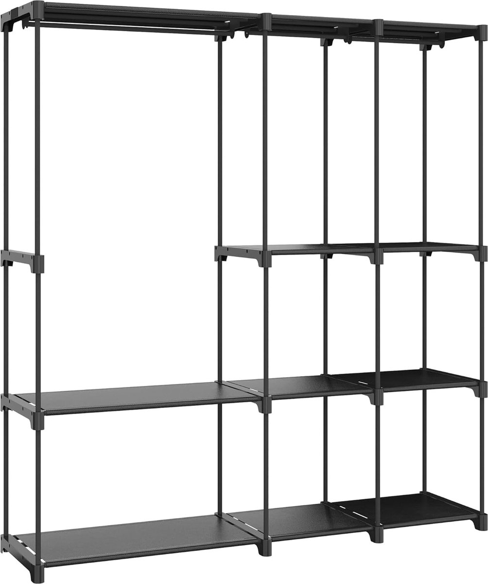 Kledingkast, vrijstaande draagbare kledingkast, kledingkast voor slaapkamer, 3 kledingstangen met 8 vakken, 43 x 159 x 169 cm, zwart WH04033BK