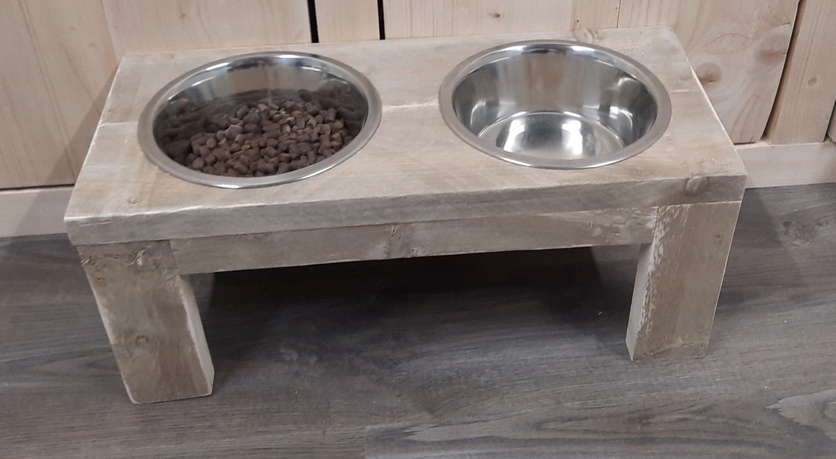 Houten honden voerbak en drinkbak “Bica” - gebruikt steigerhout - voor de hond