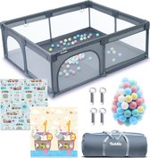 Teddle Grondbox – Inclusief Dubbelzijdige Speelmat – Baby Speelbox met 50x Speelballen - Kinderbox - Playpen - 180x150cm - Grijs
