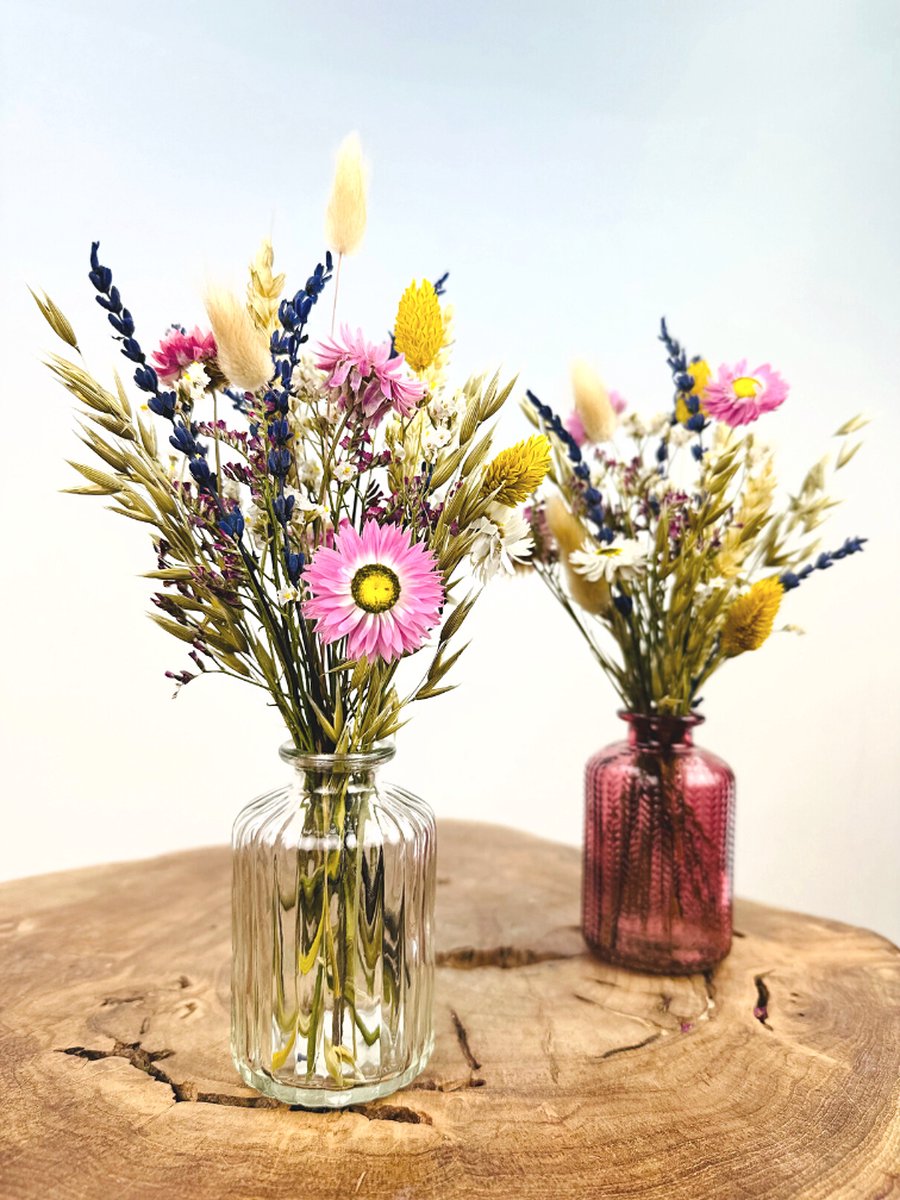Setje Caro vaasjes met droogbloemen "Donkerroze & Transparant" | Trendy & Chique | Leuk cadeau om weg te geven
