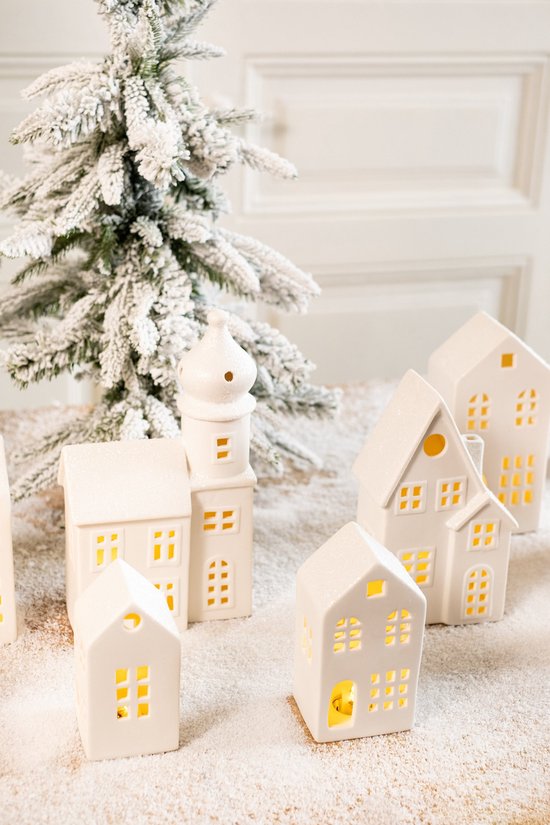 Lot De 3 Maisons De Noël En Céramique Blanche Avec éclairage LED - Décoration Village De Noël Chaleureuse - Pour Intérieur, Table, Cheminée - 7