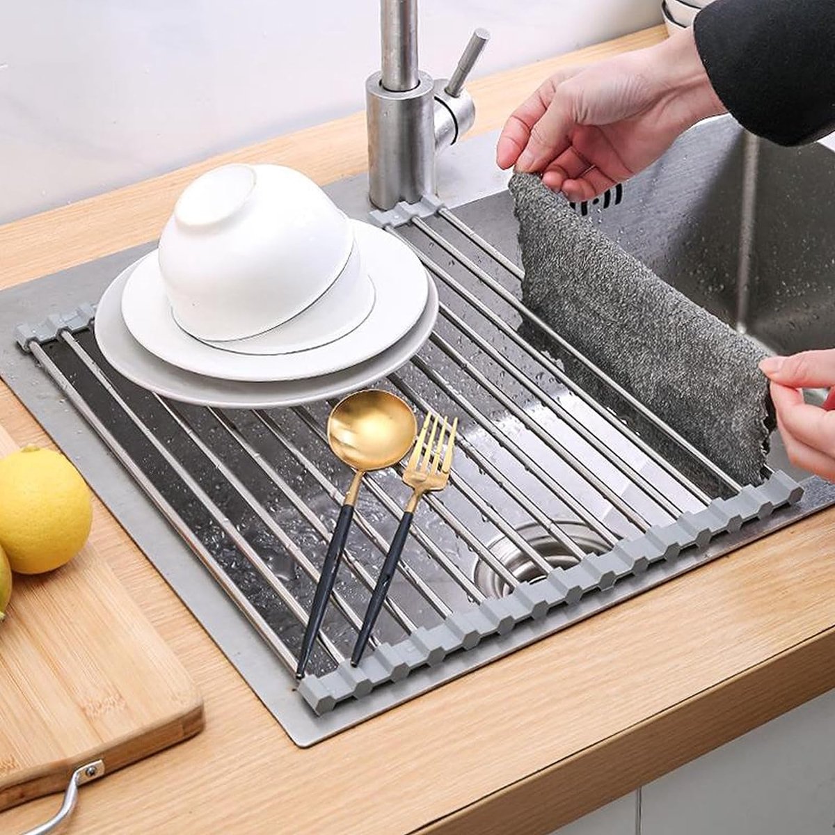 Égouttoir à vaisselle enroulable au-dessus de l'évier Égouttoir à vaisselle  portable Égouttoir à vaisselle pliable Égouttoir à vaisselle pliable