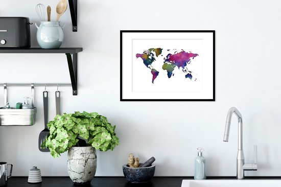 Wereldkaart en aquarelle avec des couleurs sombres sur fond blanc 30x20 cm