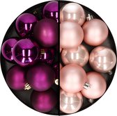 Kerstballen 24x st - mix lichtroze/paars - 6 cm - kunststof - kerstversiering