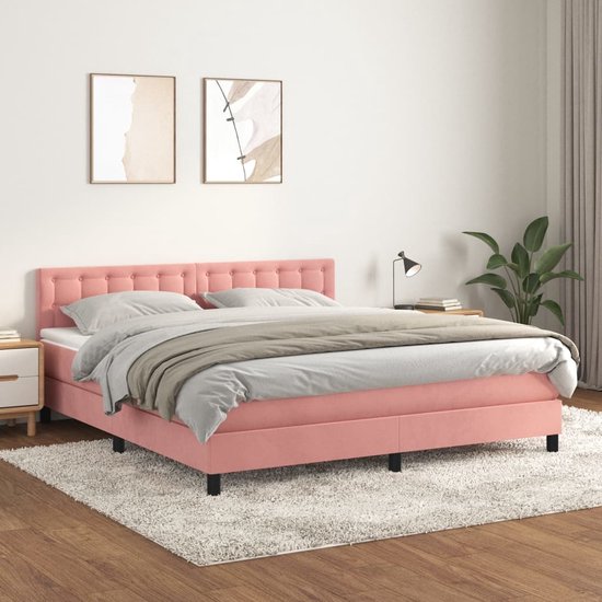 The Living Store Boxspringbed - fluweel - roze - 180 x 200 cm - pocketvering