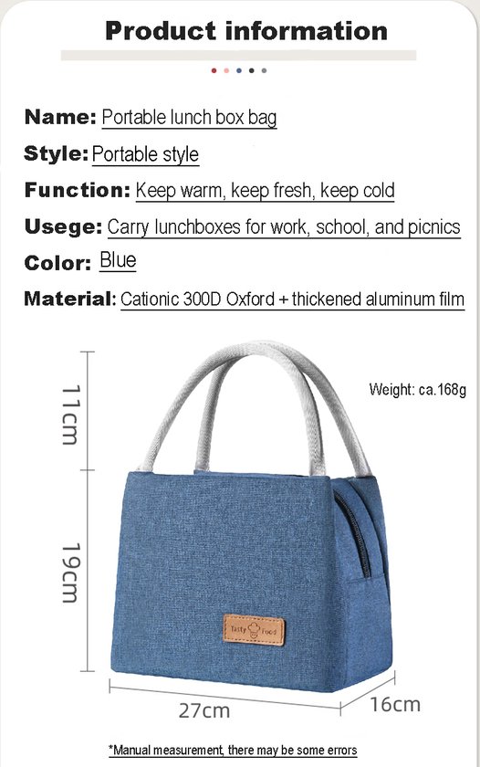 Blauwe, kationische 300D Oxford lunchtas, 19x27x16cm, met touwen handvatten en een 'Tasty Food' label.