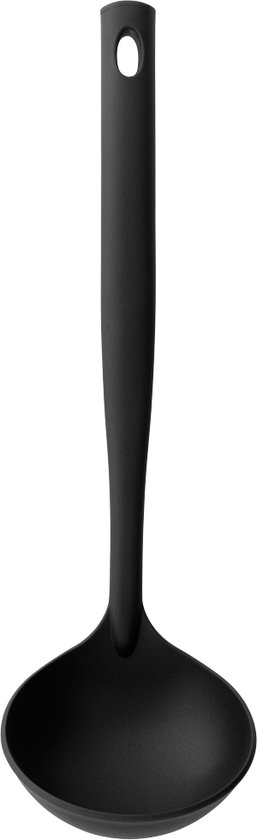 Louche noire avec manche droit muni d'un œillet et d'une cuillère ronde.