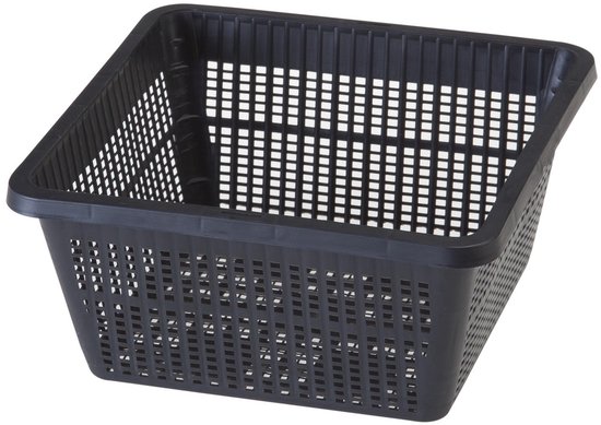 Zwarte rechthoekige plastic plantenmand met open structuur en handgrepen.