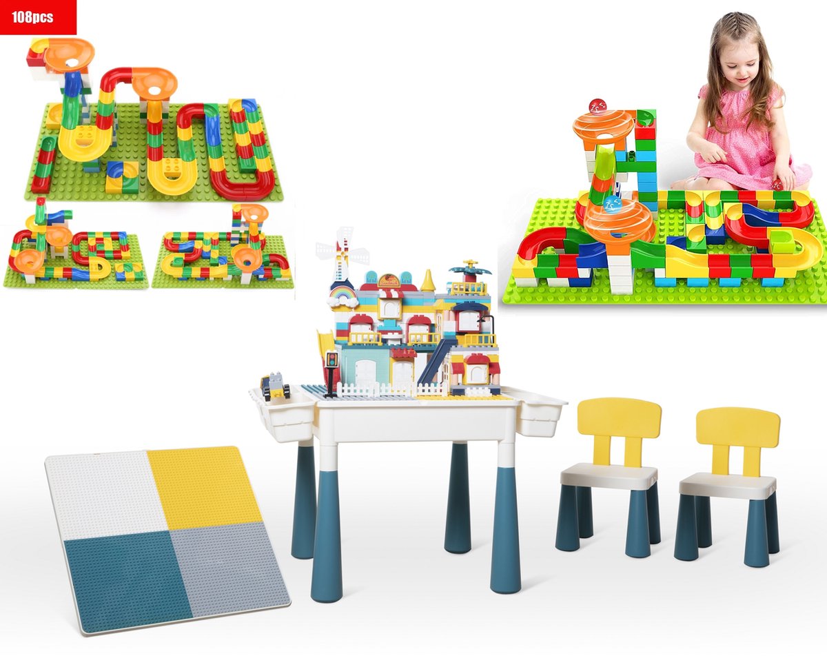 *Profi Promo Bouwtafelset inc. 108 bouwblokken voor LEGO & DUPLO - Multifunctioneel Kinderbouwtafel met 2 stoelen + 4 Opbergbakken - Constructietafel, Kinderwerktafel, Speeltafel, Zandbak, Watertafel - Kindertafel en stoelen - Aquamarijnkleur