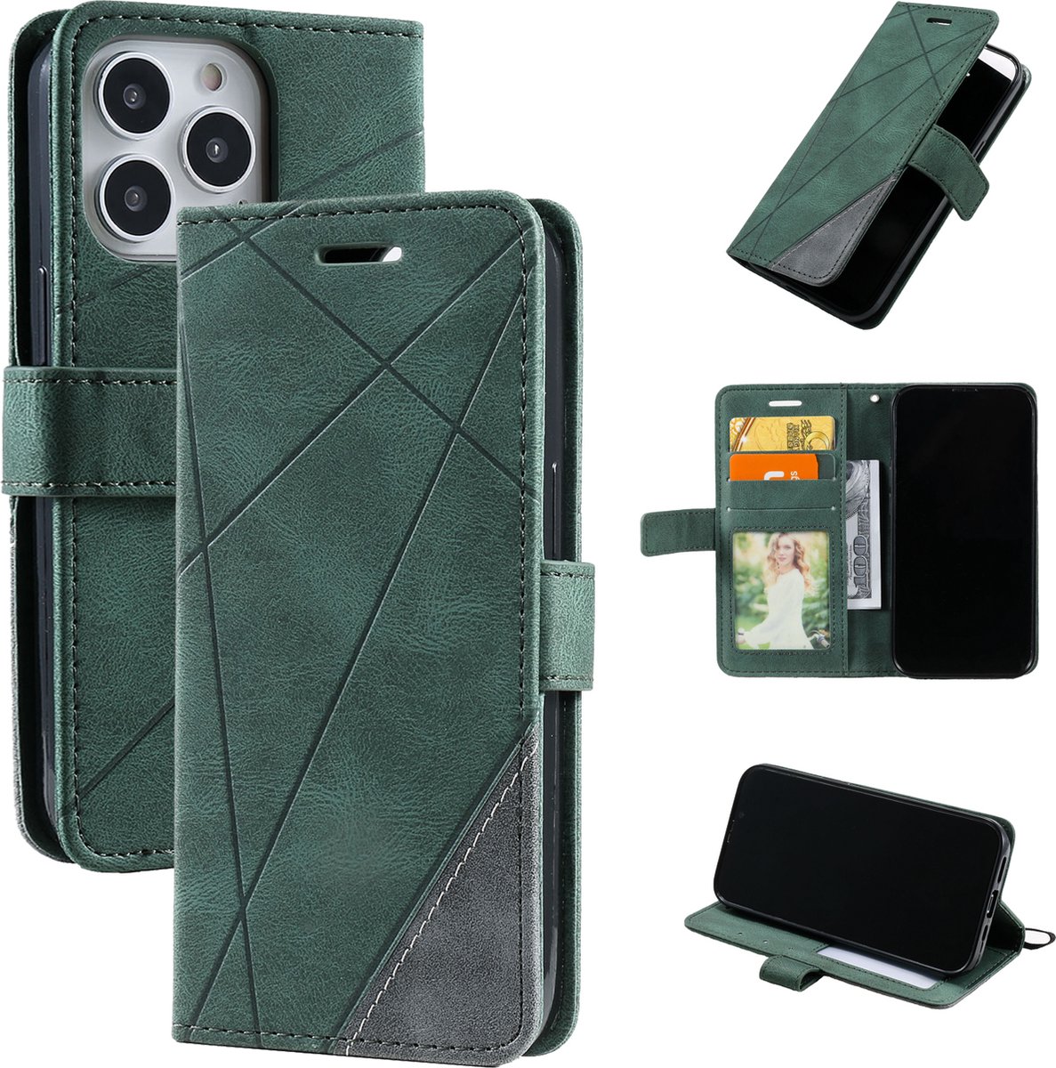 iPhone 15 Pro Max Telefoonhoesje - Hoogwaardig PU Leren Hoesje - Luxe Uitstraling - Pasjeshouder - Groen