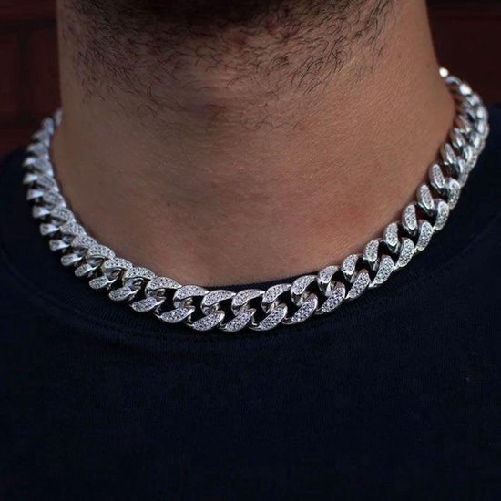 Collier pour homme en Argent massif 18 carats [ICED OUT] [20 pouces - 50 cm] - Collier urbain Hip Hop à maillons cubains
