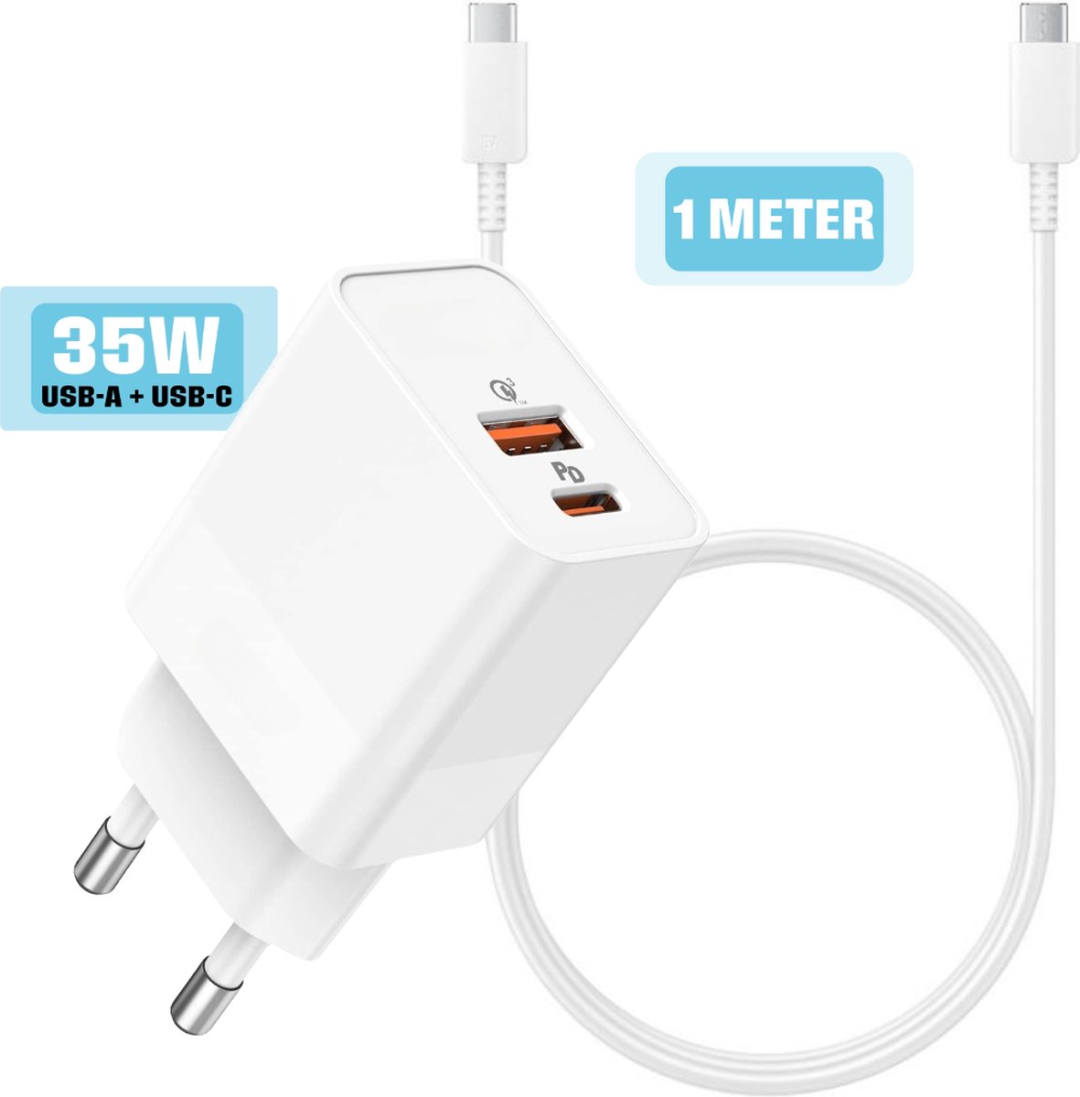 Usb C Adapter + usb C kabel - 1 Meter - Snellader Oplader - Usb stekker - Usb Adapter usb C - Usb C Oplader - Usb Lader 2 Poorten - Usb C naar usb C Kabel - Usb C Lader met usb C Kabel
