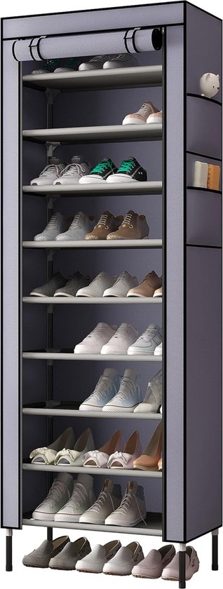 schoenenkast, 10 etages, 58 x 28 x 170 cm, stofdicht, geschikt voor maximaal 30 paar schoenen, plastic, grijs, 58 x 28 x 170 cm
