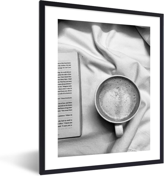 FrameYourWall® - Fotolijst met poster 60x80 - Fotografie - Zwart wit - Koffie - Boek - Fotokader van hout - Kaders en lijsten - Houten fotolijstje - Wissellijst voor muurposter - Picture en photo frame - Posterlijst - Fotohouder