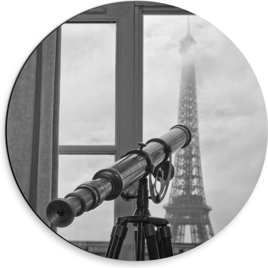 Dibond Muurcirkel - Telescoop vanuit Hotelkamer met Uitzicht op de Eiffeltoren - 30x30 cm Foto op Aluminium Muurcirkel (met ophangsysteem)