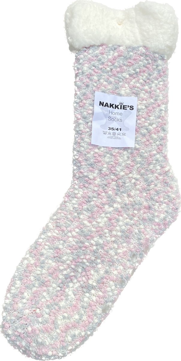 Nakkie's Huissokken - Homesocks - Maat 35-41 - ABS anti-slip noppen - Warm - Fluffy - Zacht - Dames huissokken - Grijs-Wit-Rose - Kerst cadeau voor vrouwen en meiden