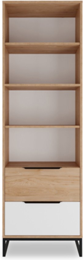 Boekenkast - Boekenkast met planken en lades - Metalen poten - hickory + wit mat - 60 cm