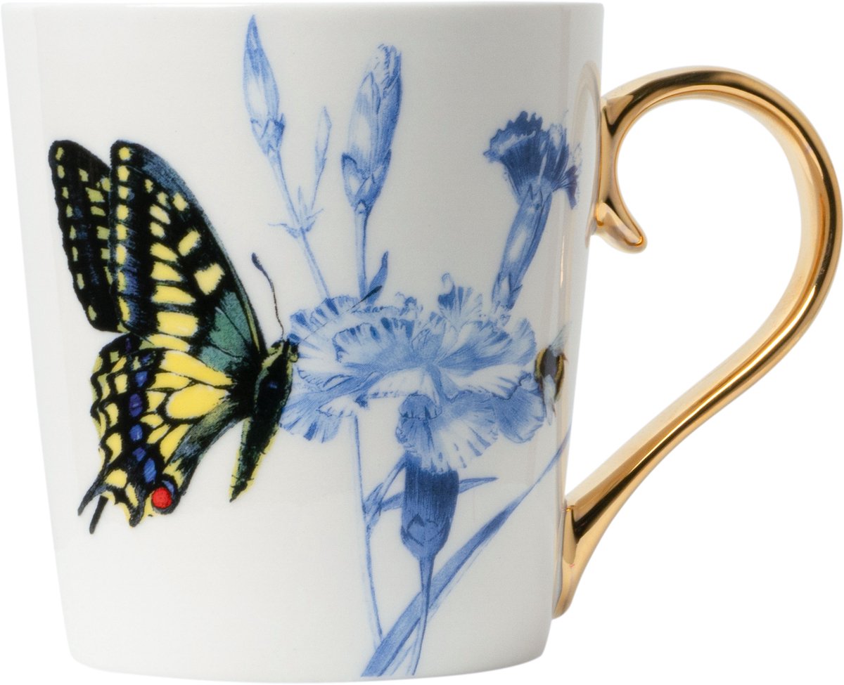 Heinen Delfts Blauw mok koninginnepage goud