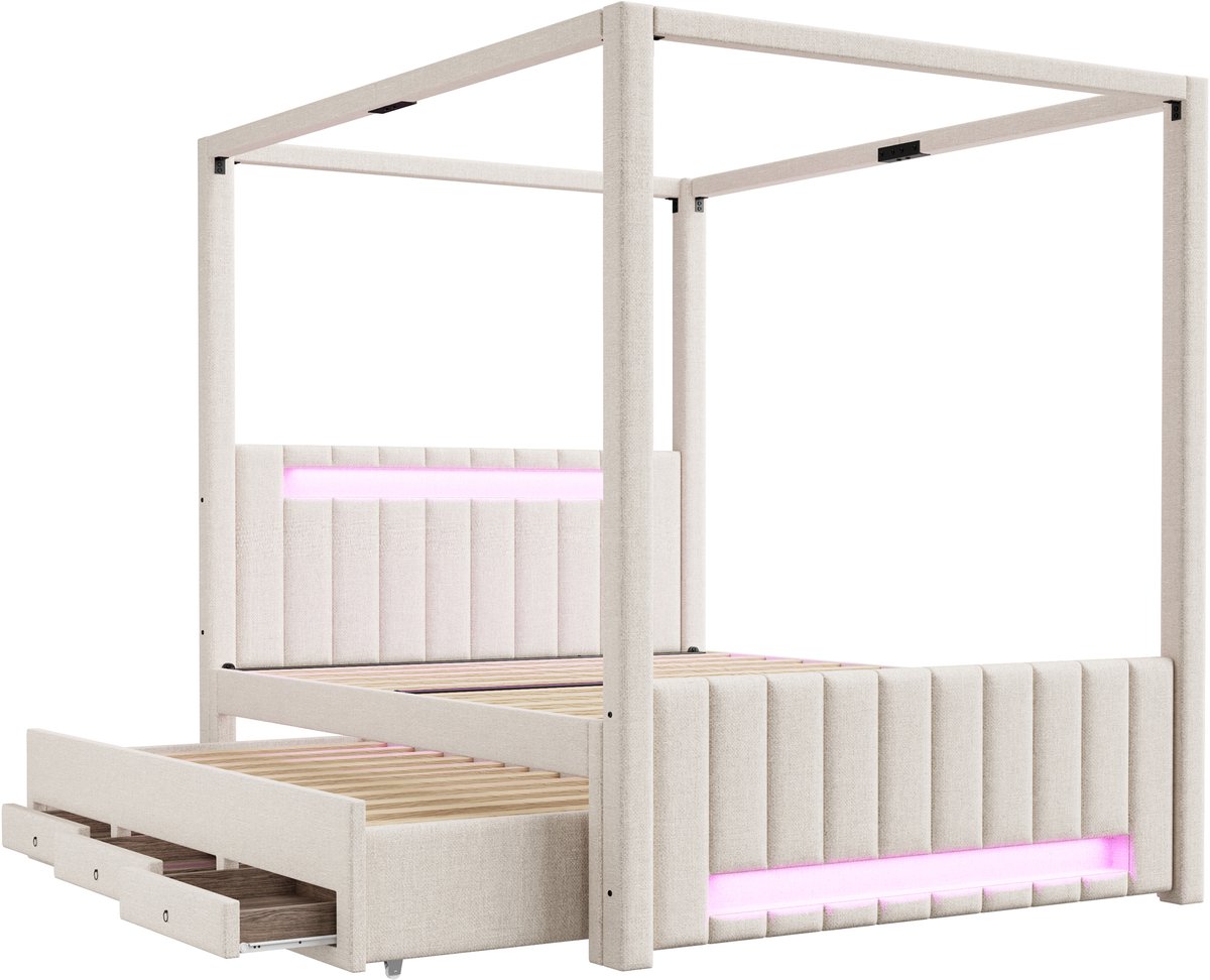 140x200cm gestoffeerd bed - hemelbed - met uitschuifbaar bed - met drie laden en LED-verlichting - beige - zonder matras