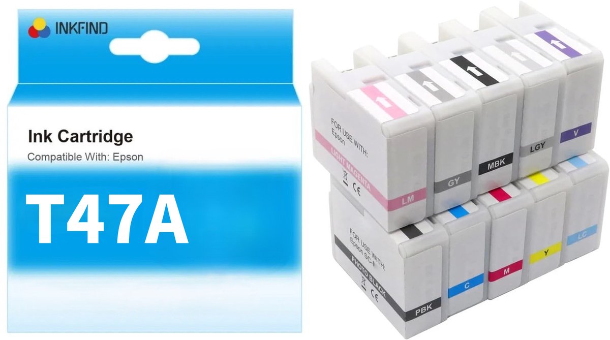 INKFIND T47A inktcartridge 10 Pack (PK+C+VM+Y+LC+VLM+GY+MK+LGY+DV) compatibel met Epson T47A1/T47A2/T47A3/T47A4/T47S5/T47A6/T47A7/T47A8/T47A9/T47AD) voor Epson Surecolor SC-P900 -10-pack 2 zwart + 8 kleuren