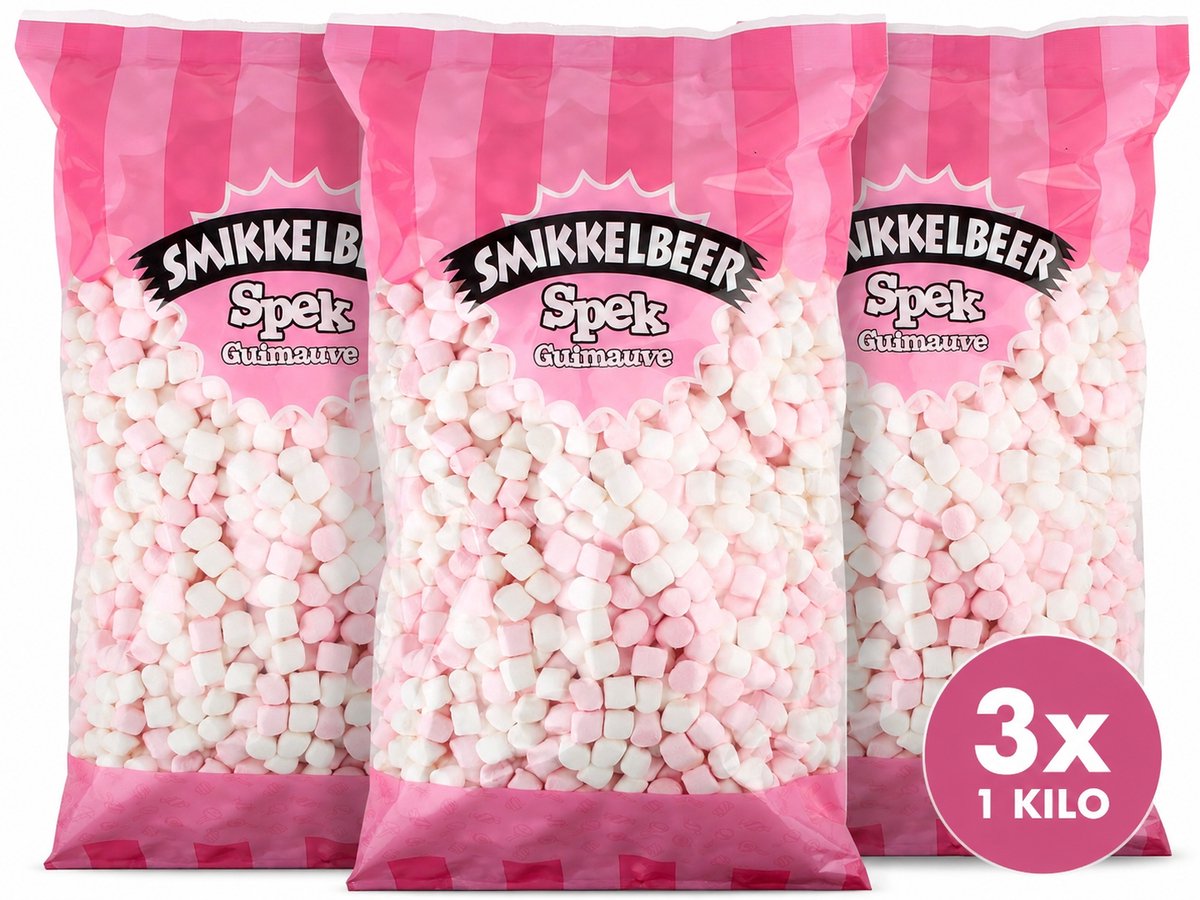 Smikkelbeer - Minimallows – Mini Marshmallows – 3x1 Kilo – Wit & Roze Spekjes