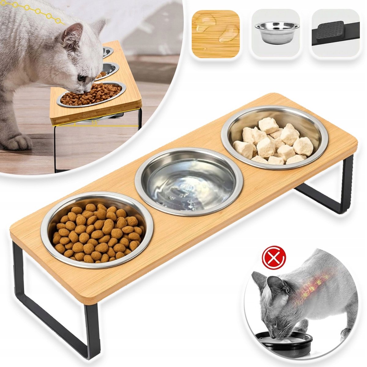 Verhoogde Kattenbak - 15° Gekantelde Kattenbak Standaard Met 3 Roestvrijstalen Voerbakken Voor Binnenkatten En Katten Met Opgroeiende Huisdieren Kommen Voor Voedsel En Water