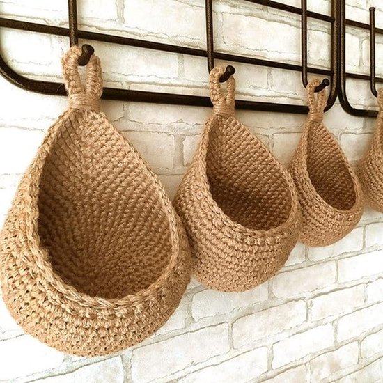 Hangende fruitmand - 3-delige set - Hangende opbergtas - Fruit- en groentemand geweven van henneptouw - Ademend ontwerp - Handgevlochten - Hangmand - handgeweven, wandgemonteerd, organizer voor fruit, groenten, woonkamer, keuken